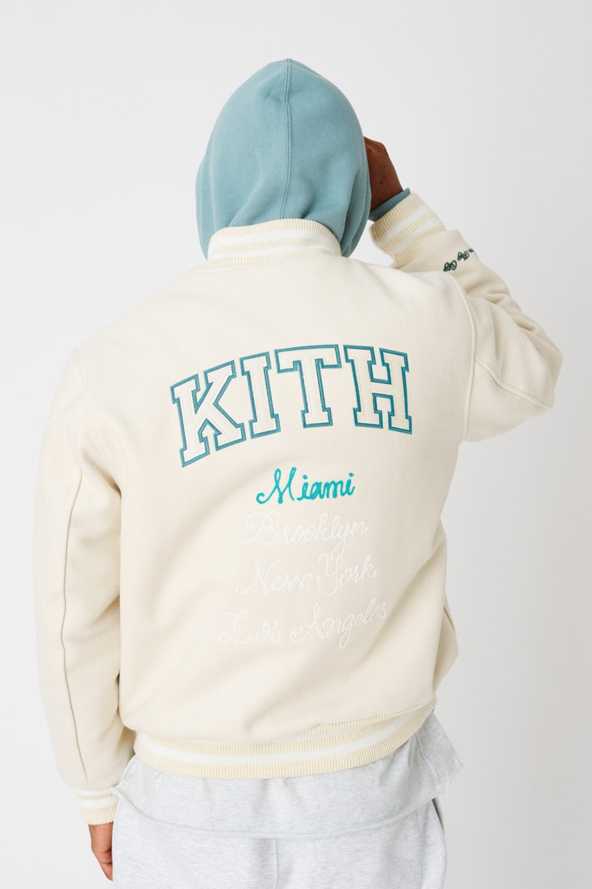 kith vogue russell athletic love thy city collaboration collection release collegiate varsity jacket brooklyn miami soho los angeles flagship stores hoodies crewnecks sweatpants tshirts 