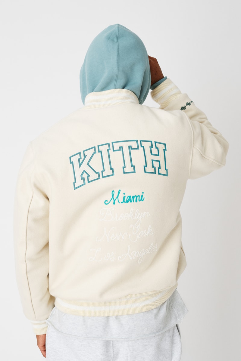 kith vogue russell athletic love thy city collaboration collection release collegiate varsity jacket brooklyn miami soho los angeles flagship stores hoodies crewnecks sweatpants tshirts 
