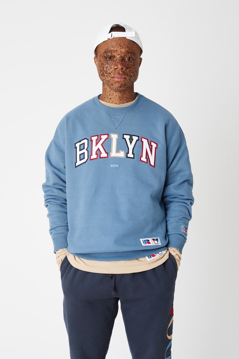 kith vogue russell athletic love thy city collaboration collection release collegiate varsity jacket brooklyn miami soho los angeles flagship stores hoodies crewnecks sweatpants tshirts 