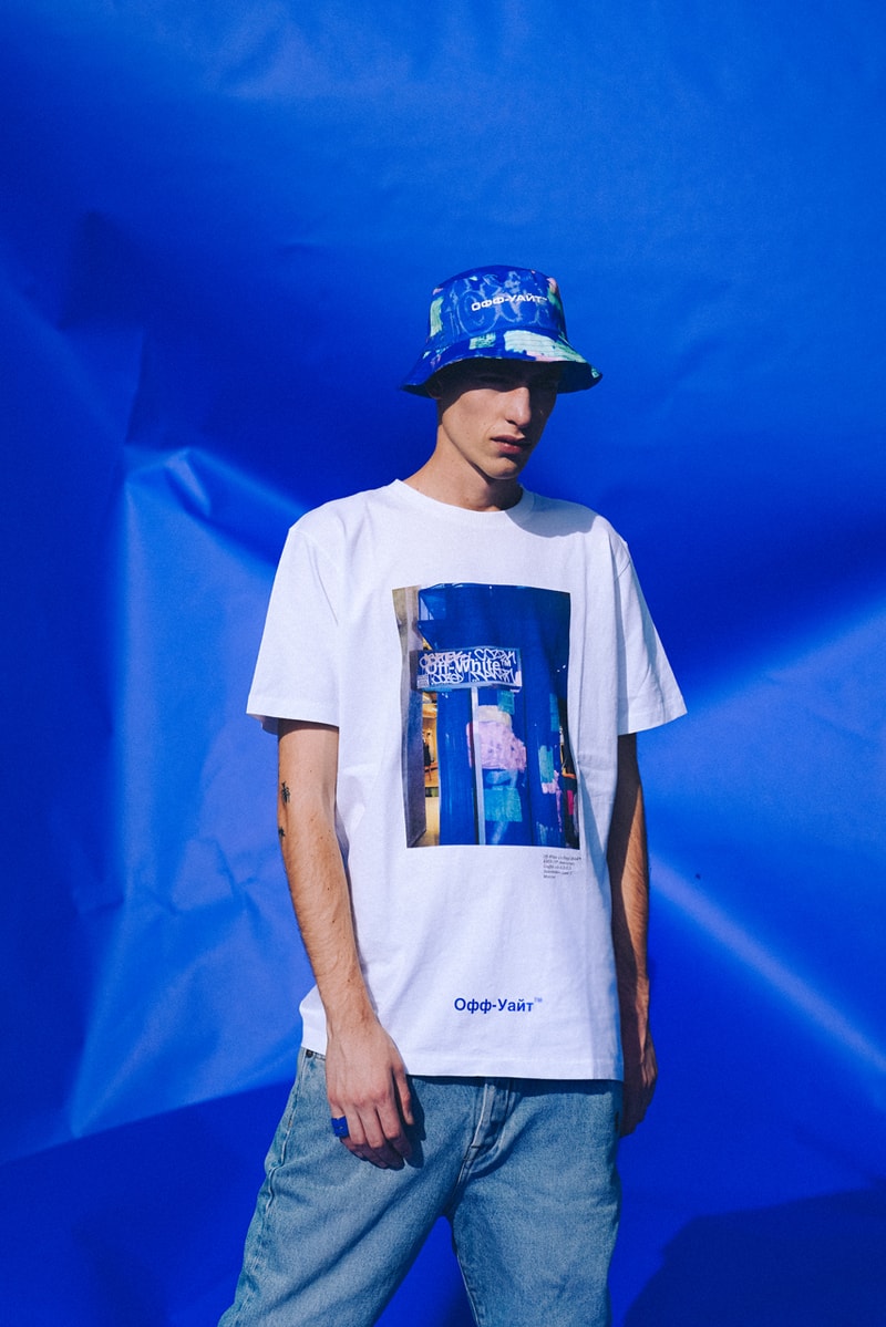 KM20 Off-White™ 10th Anniversary Capsule Collection "Temporary" T-shirt Bucket Hat Stackable Rings Zip Tag Blue A.D.E.D. Graffiti
