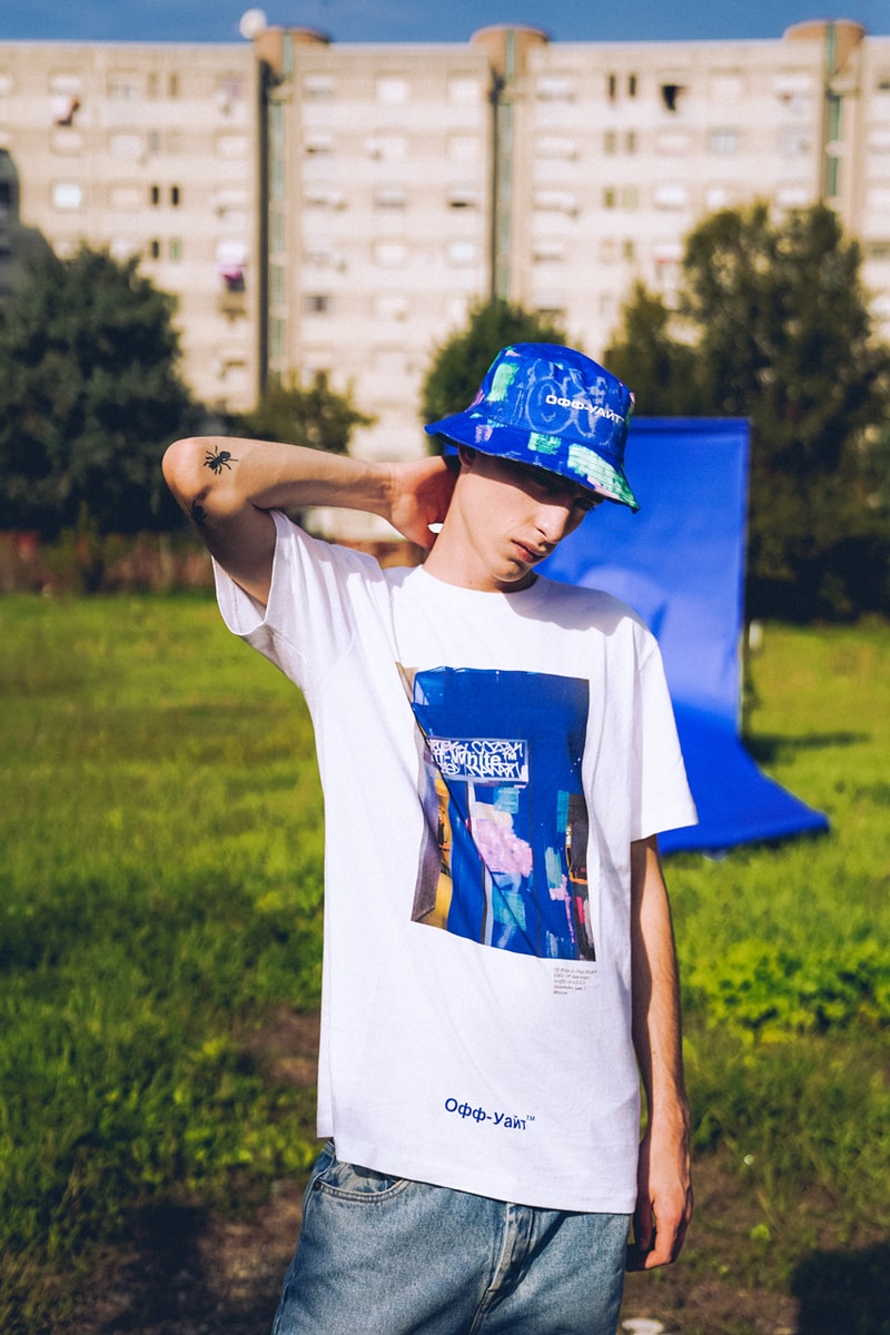 KM20 Off-White™ 10th Anniversary Capsule Collection "Temporary" T-shirt Bucket Hat Stackable Rings Zip Tag Blue A.D.E.D. Graffiti