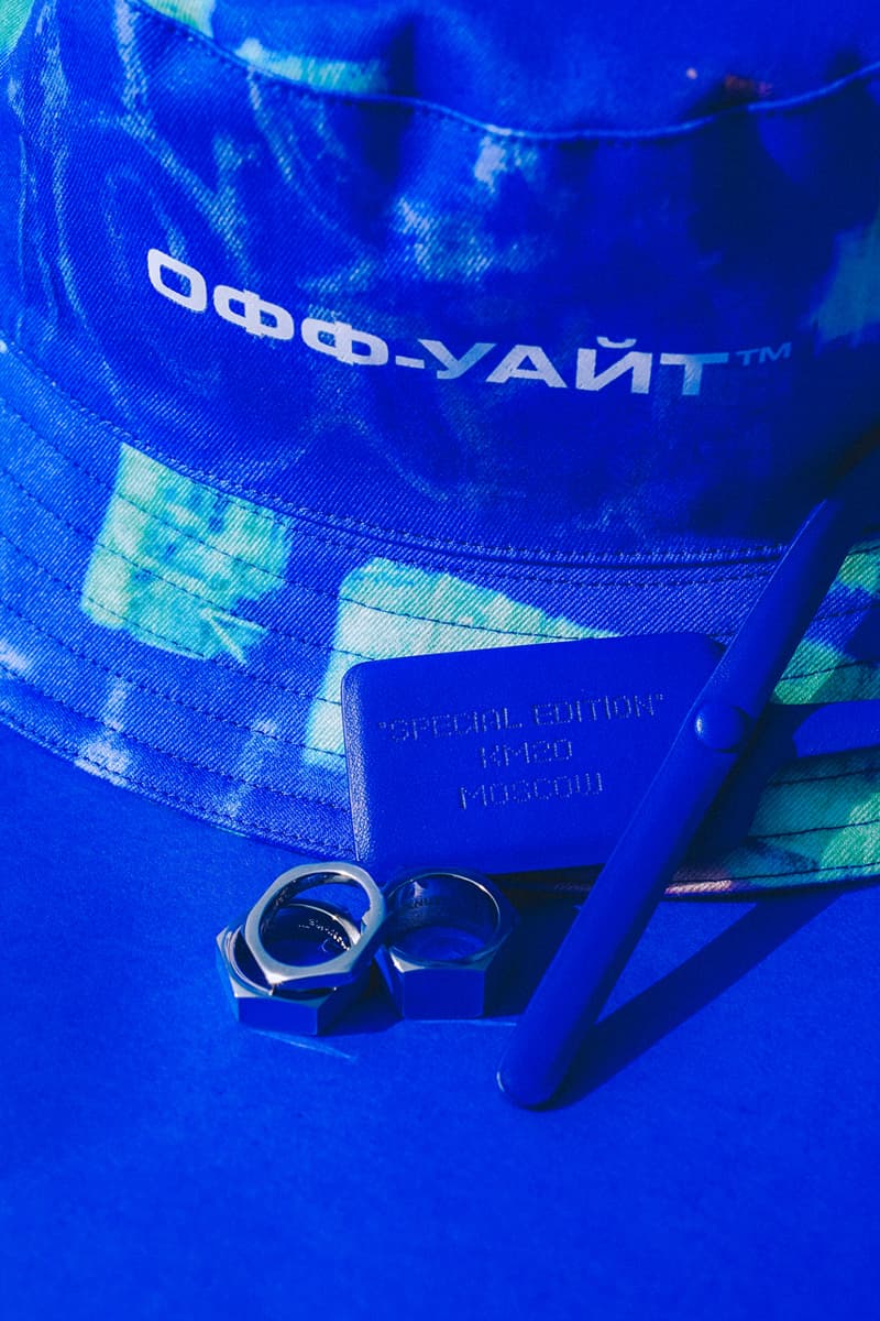 KM20 Off-White™ 10th Anniversary Capsule Collection "Temporary" T-shirt Bucket Hat Stackable Rings Zip Tag Blue A.D.E.D. Graffiti 