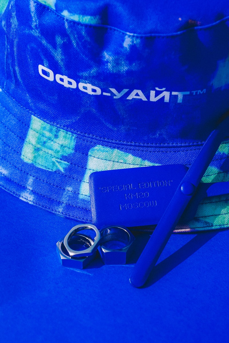 KM20 Off-White™ 10th Anniversary Capsule Collection "Temporary" T-shirt Bucket Hat Stackable Rings Zip Tag Blue A.D.E.D. Graffiti