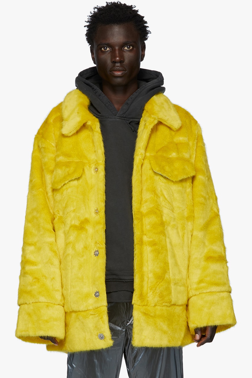 landlord faux fur jackets hoodies yellow matcha navy brown colorway fall winter 2019 long sleeve spread collar coat kangaroo pocket drawstring hood acrylic polyester 
