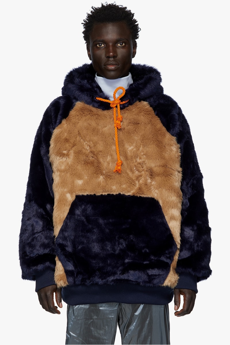 landlord faux fur jackets hoodies yellow matcha navy brown colorway fall winter 2019 long sleeve spread collar coat kangaroo pocket drawstring hood acrylic polyester 