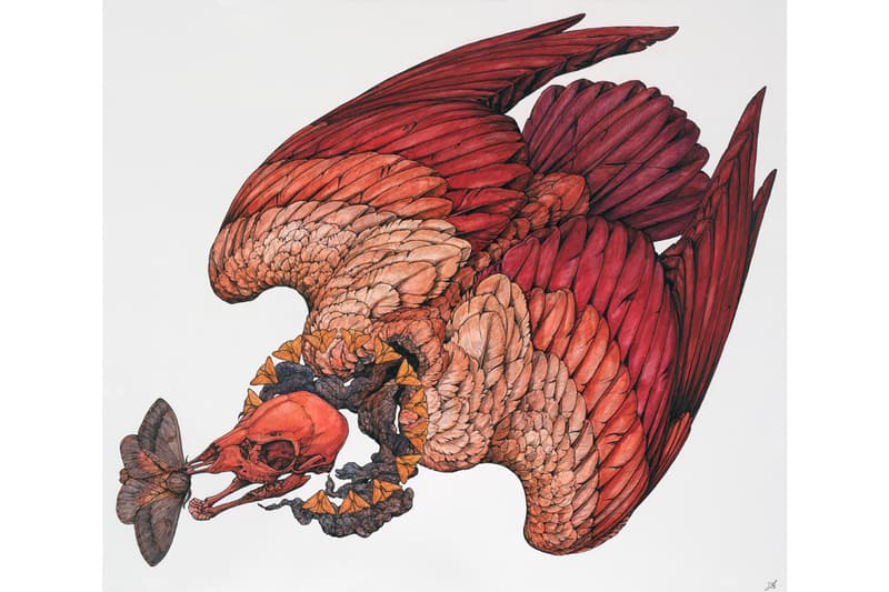 Lauren Marx "Chimera" Exhibition Info Corey Helford Gallery Los Angeles Ink Pen Mixed Media Flora Fauna Birds Snakes Fawn