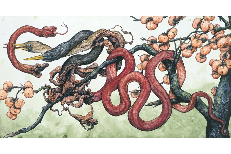 Lauren Marx "Chimera" Exhibition Info Corey Helford Gallery Los Angeles Ink Pen Mixed Media Flora Fauna Birds Snakes Fawn 