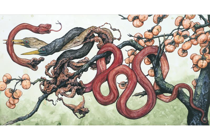 Lauren Marx "Chimera" Exhibition Info Corey Helford Gallery Los Angeles Ink Pen Mixed Media Flora Fauna Birds Snakes Fawn