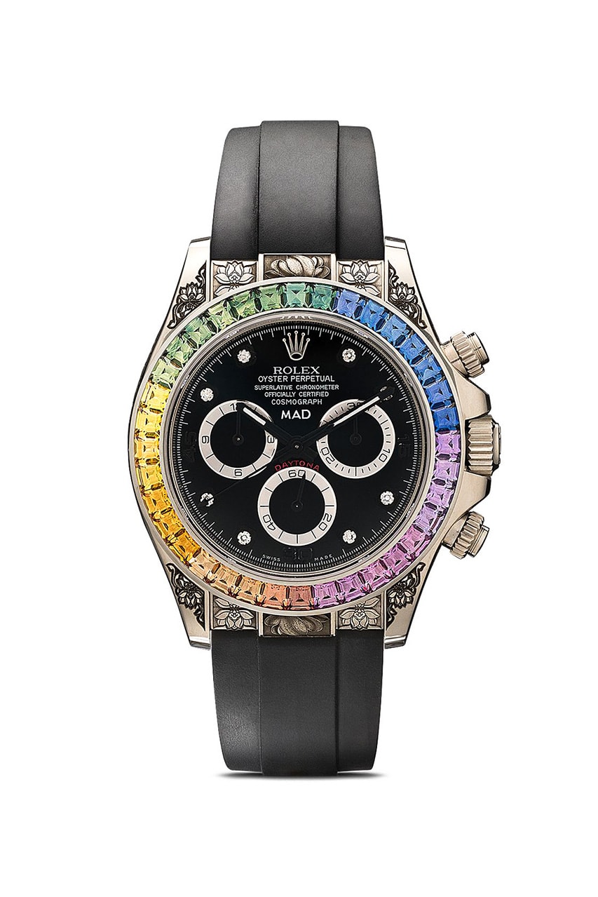 MAD Paris Rolex Daytona Rainbow Sapphire Watch $110k USD Release Information Browns Oyster Perpetual Cosmograph Engraved Buckle 40mm Case Black Wrist Strap