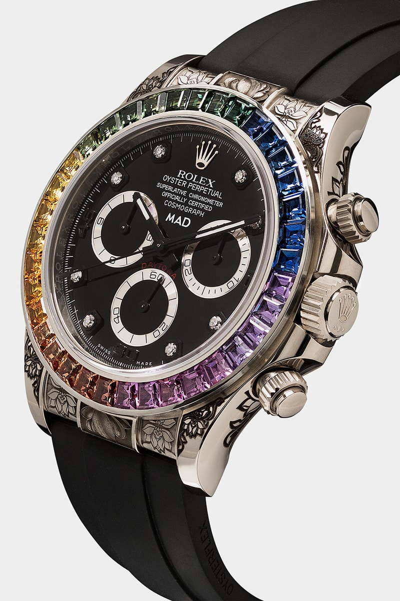 MAD Paris Rolex Daytona Rainbow Sapphire Watch $110k USD Release Information Browns Oyster Perpetual Cosmograph Engraved Buckle 40mm Case Black Wrist Strap