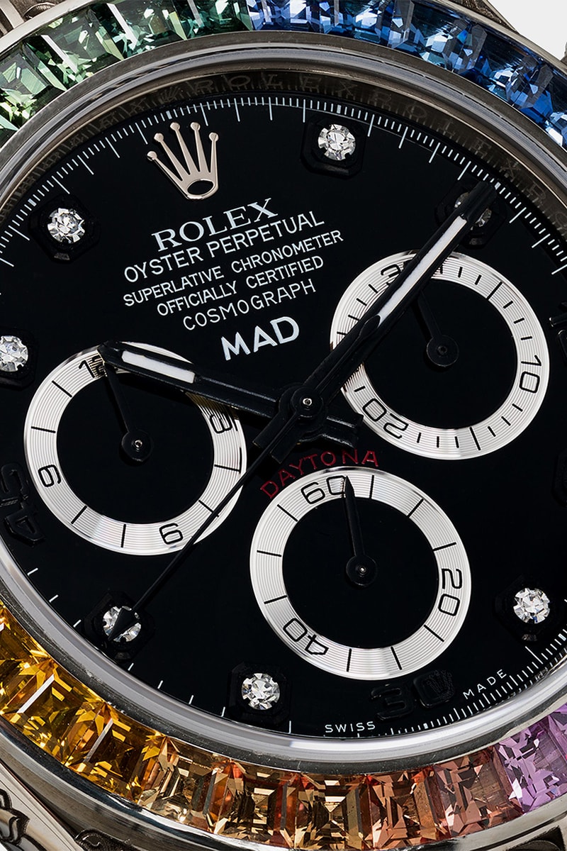 MAD Paris Rolex Daytona Rainbow Sapphire Watch $110k USD Release Information Browns Oyster Perpetual Cosmograph Engraved Buckle 40mm Case Black Wrist Strap