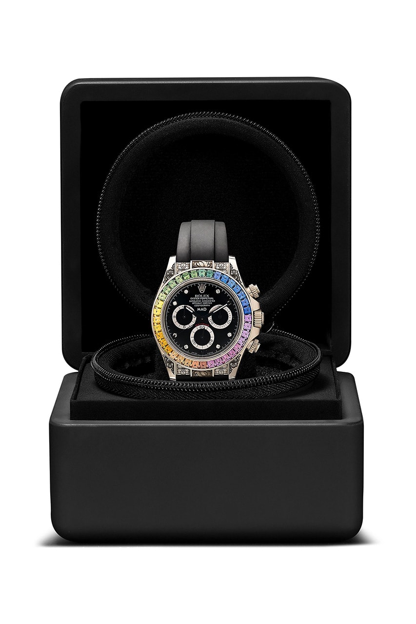 MAD Paris Rolex Daytona Rainbow Sapphire Watch $110k USD Release Information Browns Oyster Perpetual Cosmograph Engraved Buckle 40mm Case Black Wrist Strap