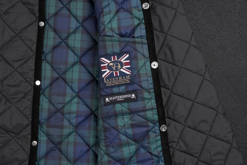 mastermind WOLRD x Lavenham Denham Jacket Release Information Collaboration Outerwear Fall Winter 2019 FW19 First Look Black Tartan Lining Skull and Cross Bones Emblem Metal Motif Japan British
