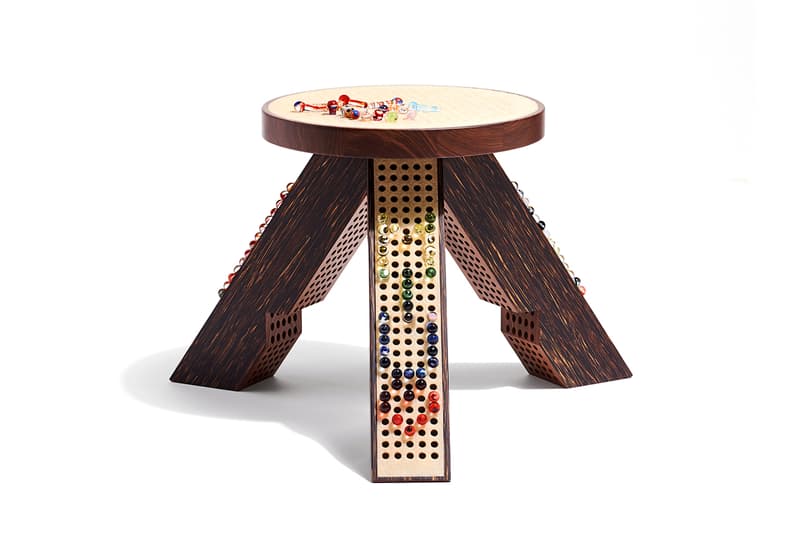 Miu Miu & M/M Paris 'M/Marbles Stool' Design Miami Palm Wood Crepe Rubber Hand-Blown Murano Glass Pegs Design Miami 2019 Art Basel 