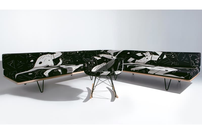 Cleon Peterson x Modernica Limited Edition Furniture Release 'Land of Shadows' Black White Figures Case Study Furniture Daybed Sectional Upholstered Rocker Chair