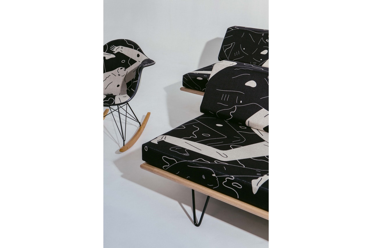 Cleon Peterson x Modernica Limited Edition Furniture Release 'Land of Shadows' Black White Figures Case Study Furniture Daybed Sectional Upholstered Rocker Chair