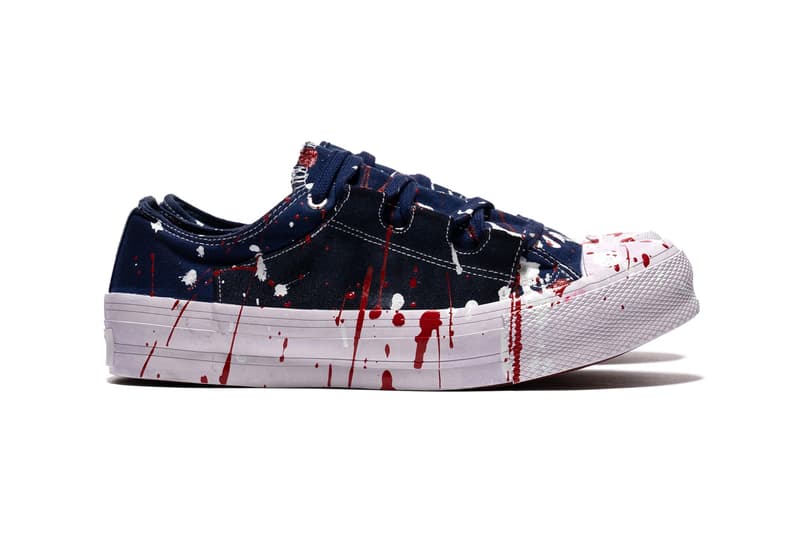 NEEDLES Asymmetric Ghillie Sneaker Over Dye Paint Splatter uneven tie dye shoes sneakers footwear trainers runners nepenthes keizo shimizu streetwear japanese mismatch