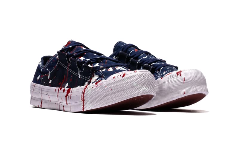 NEEDLES Asymmetric Ghillie Sneaker Over Dye Paint Splatter uneven tie dye shoes sneakers footwear trainers runners nepenthes keizo shimizu streetwear japanese mismatch