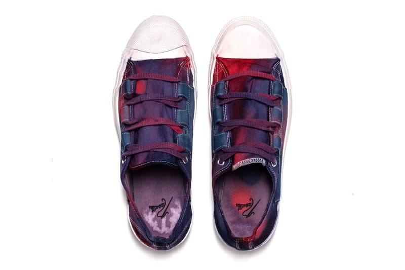 NEEDLES Asymmetric Ghillie Sneaker Over Dye Paint Splatter uneven tie dye shoes sneakers footwear trainers runners nepenthes keizo shimizu streetwear japanese mismatch