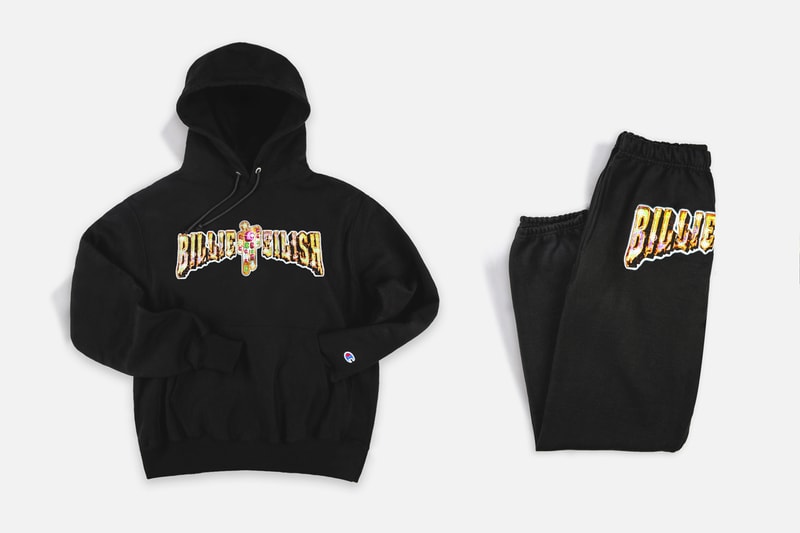 NTWRK Billie Eilish Collaboration Cyber Monday heavyweight tee Billie Eilish typography hoodie embroidered Champion "C" logo oversized Blohsh graphic cuffed ankle hem sweatpants