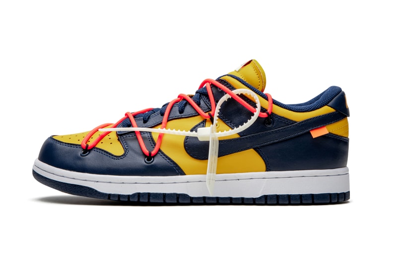 Off-White™ x Nike SB Dunk Low "University Gold" stadium goods virgil abloh closer look better detailed collaborations release info yellow blue navy