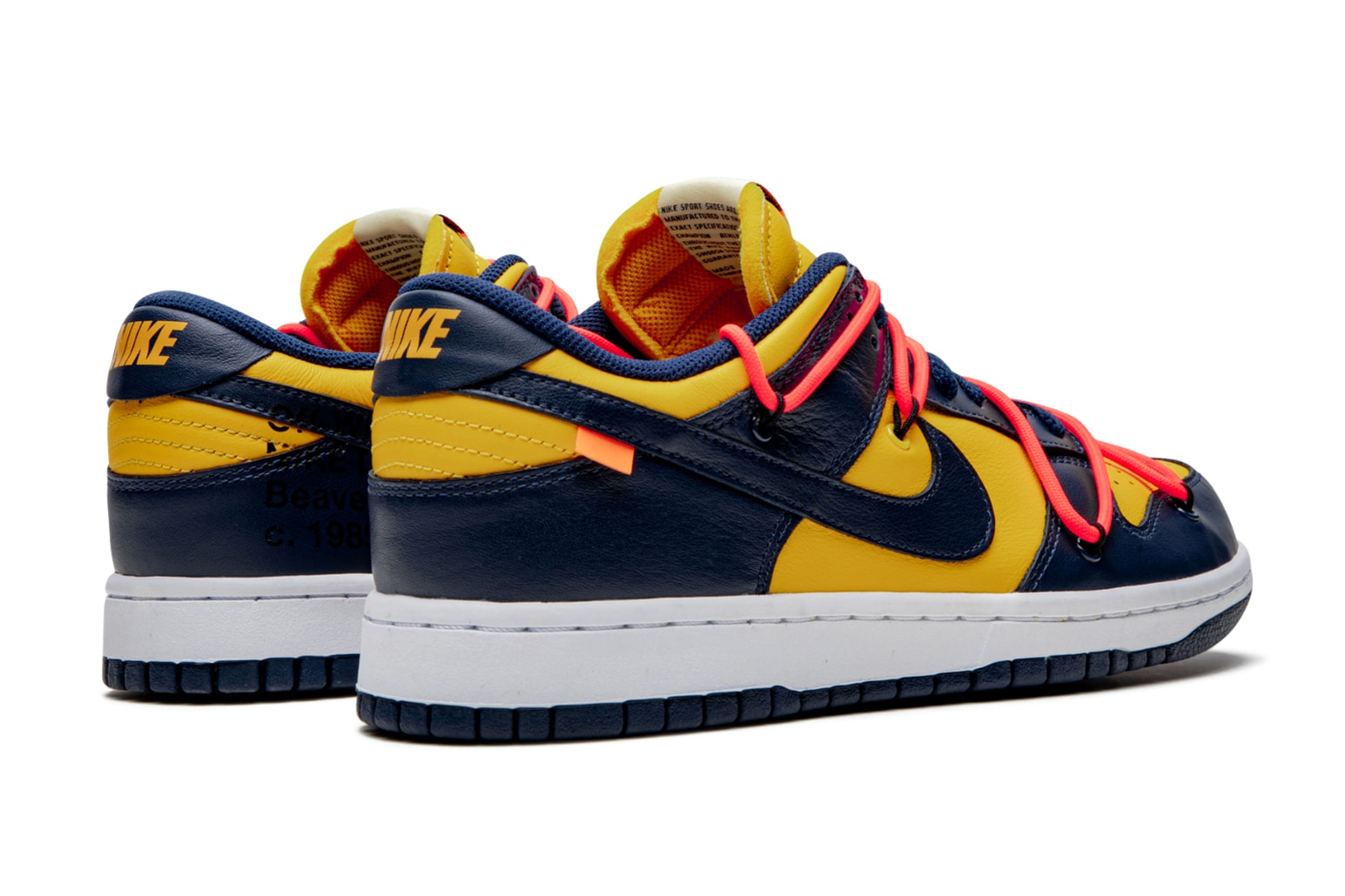 Off-White™ x Nike SB Dunk Low "University Gold" stadium goods virgil abloh closer look better detailed collaborations release info yellow blue navy