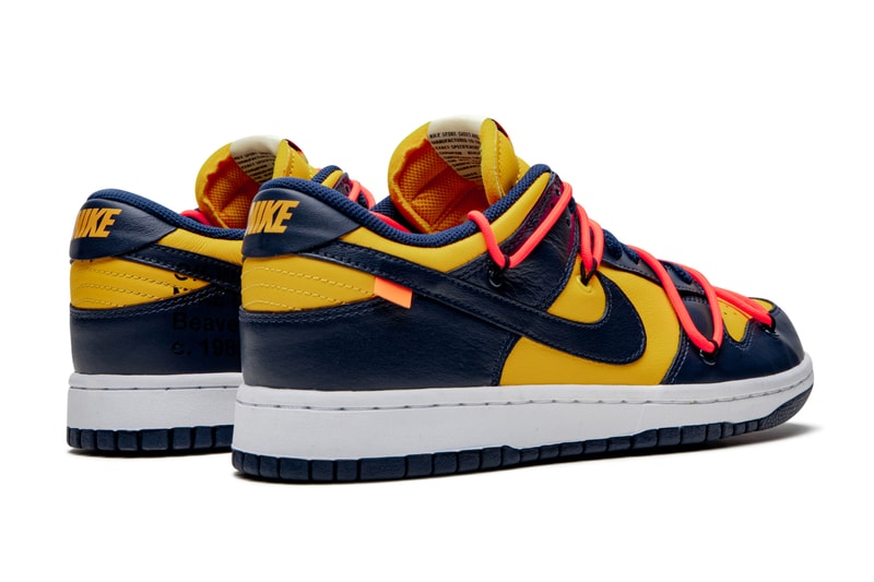 Off-White™ x Nike SB Dunk Low "University Gold" stadium goods virgil abloh closer look better detailed collaborations release info yellow blue navy