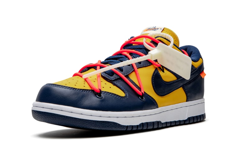 Off-White™ x Nike SB Dunk Low "University Gold" stadium goods virgil abloh closer look better detailed collaborations release info yellow blue navy