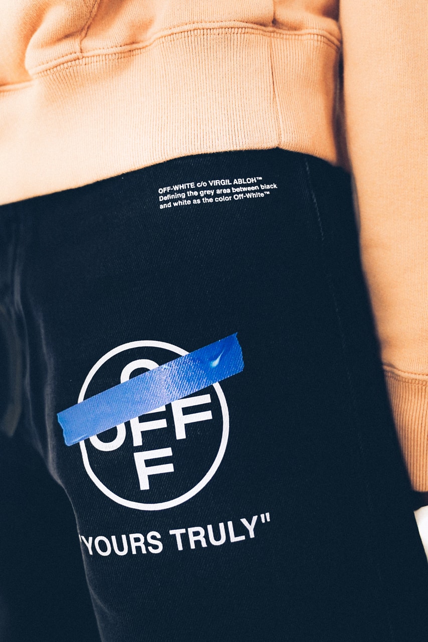 Off-White™ "YOURS TRULY" Capsule Collection Hoodies T-shirts Mock Necks Shirts Button Down Long Sleeves Bucket Hats Denim Shorts Salmon White Black Tape
