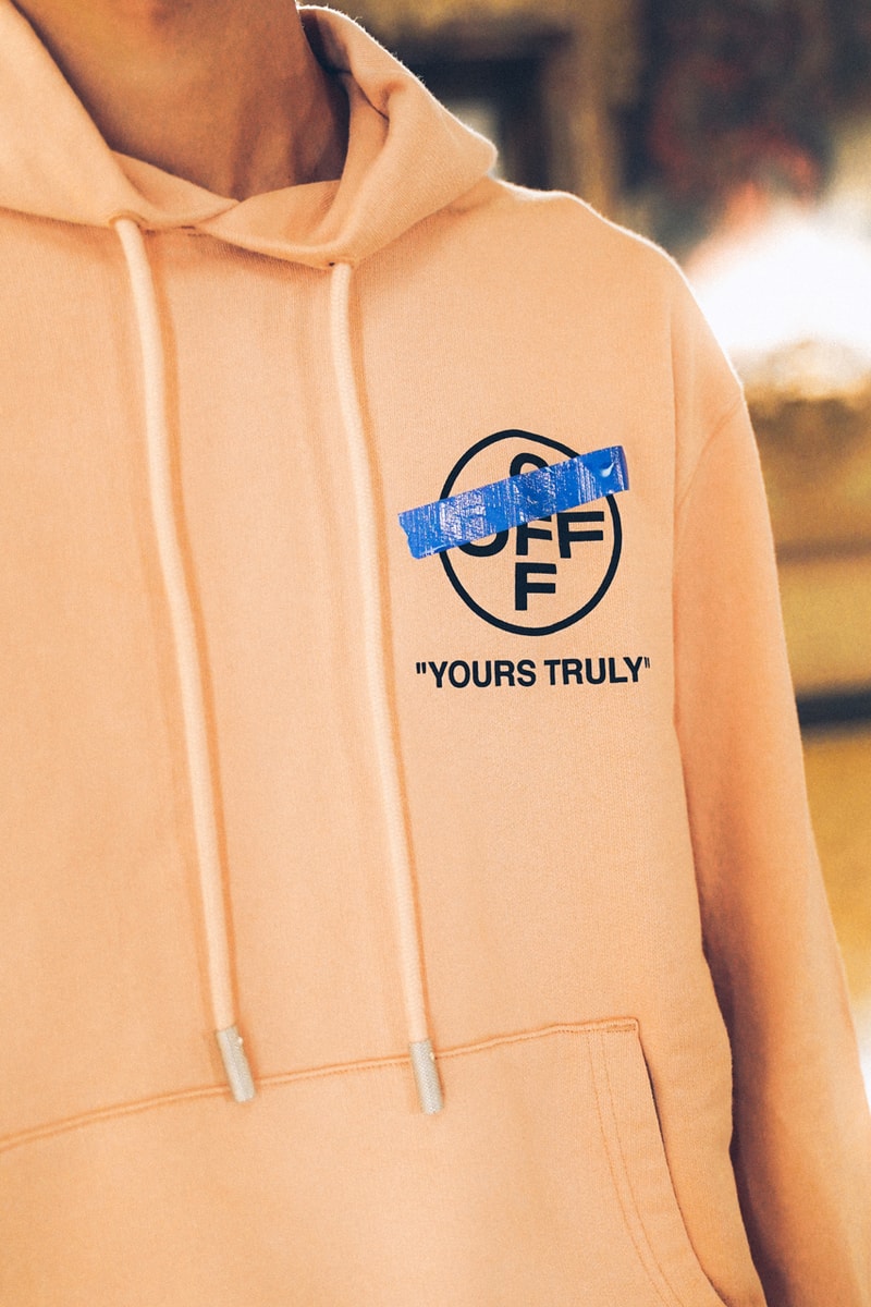 Off-White™ "YOURS TRULY" Capsule Collection Hoodies T-shirts Mock Necks Shirts Button Down Long Sleeves Bucket Hats Denim Shorts Salmon White Black Tape