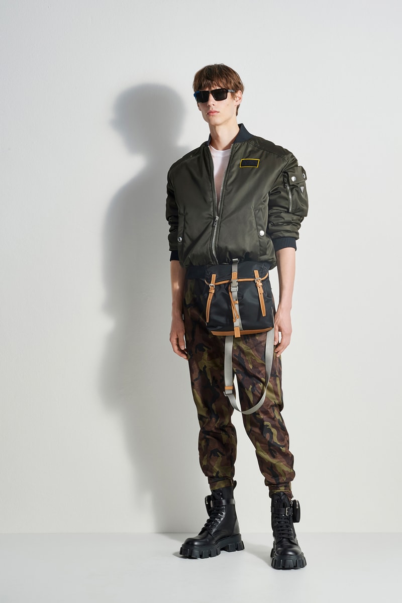 prada escape collection capsule launch fall 2019 outdoor travel gear ready to wear accessories lifestyle clothing compass gabardine nylon outerwear double match shirt camouflage pants 