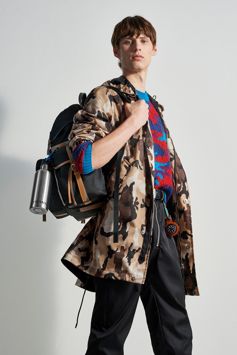 prada escape collection capsule launch fall 2019 outdoor travel gear ready to wear accessories lifestyle clothing compass gabardine nylon outerwear double match shirt camouflage pants 