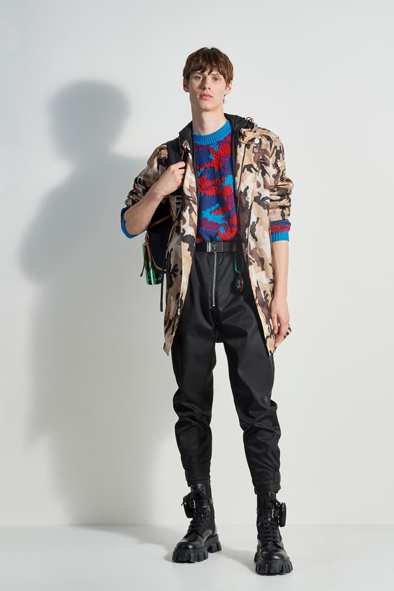 prada escape collection capsule launch fall 2019 outdoor travel gear ready to wear accessories lifestyle clothing compass gabardine nylon outerwear double match shirt camouflage pants 