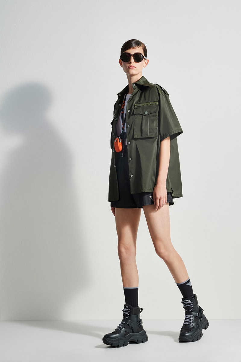 prada escape collection capsule launch fall 2019 outdoor travel gear ready to wear accessories lifestyle clothing compass gabardine nylon outerwear double match shirt camouflage pants 