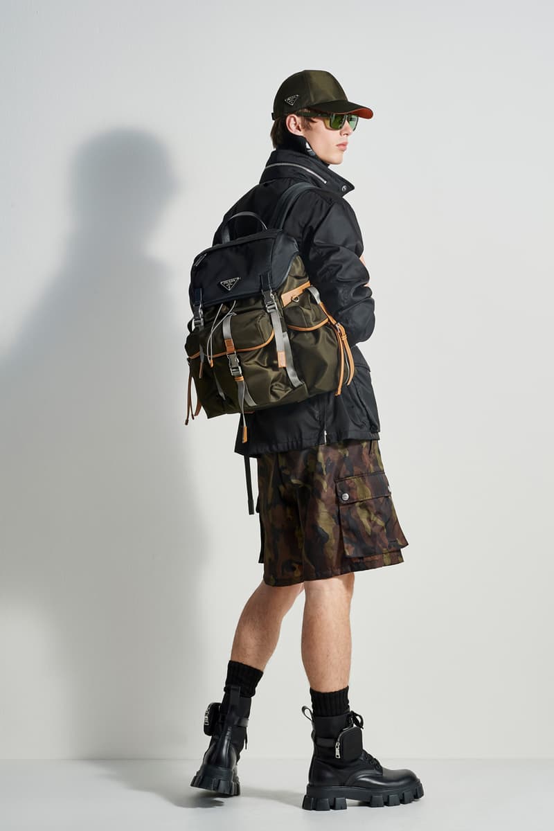 prada escape collection capsule launch fall 2019 outdoor travel gear ready to wear accessories lifestyle clothing compass gabardine nylon outerwear double match shirt camouflage pants 