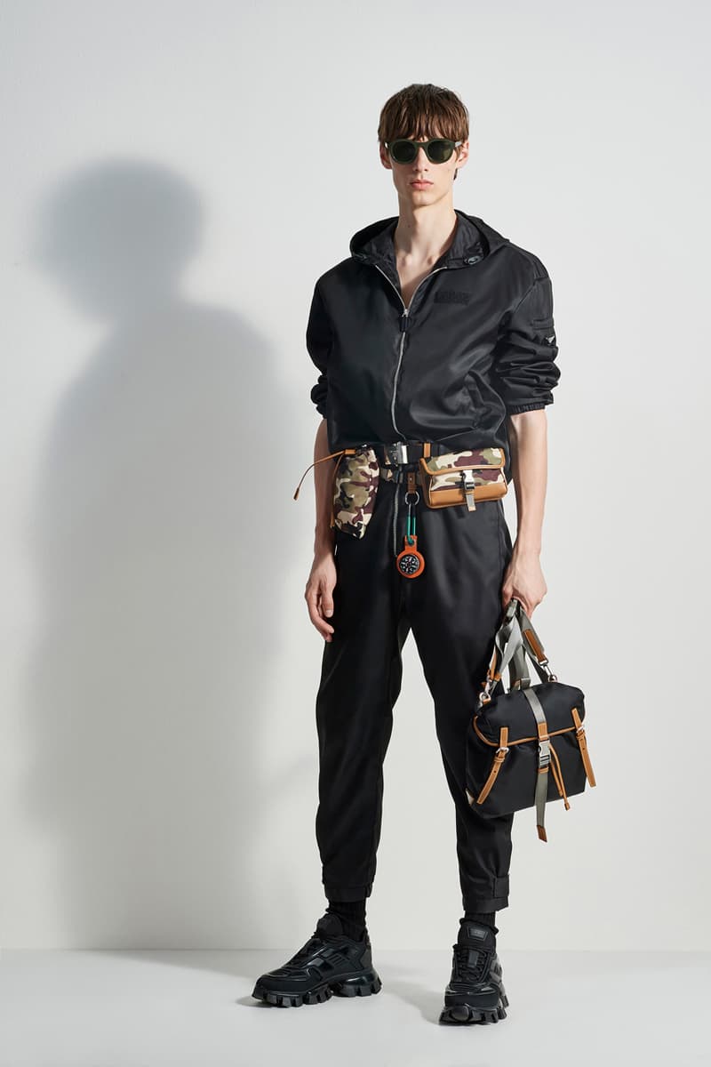 prada escape collection capsule launch fall 2019 outdoor travel gear ready to wear accessories lifestyle clothing compass gabardine nylon outerwear double match shirt camouflage pants 