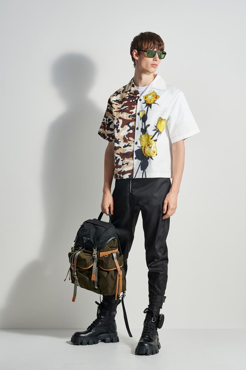 prada escape collection capsule launch fall 2019 outdoor travel gear ready to wear accessories lifestyle clothing compass gabardine nylon outerwear double match shirt camouflage pants 