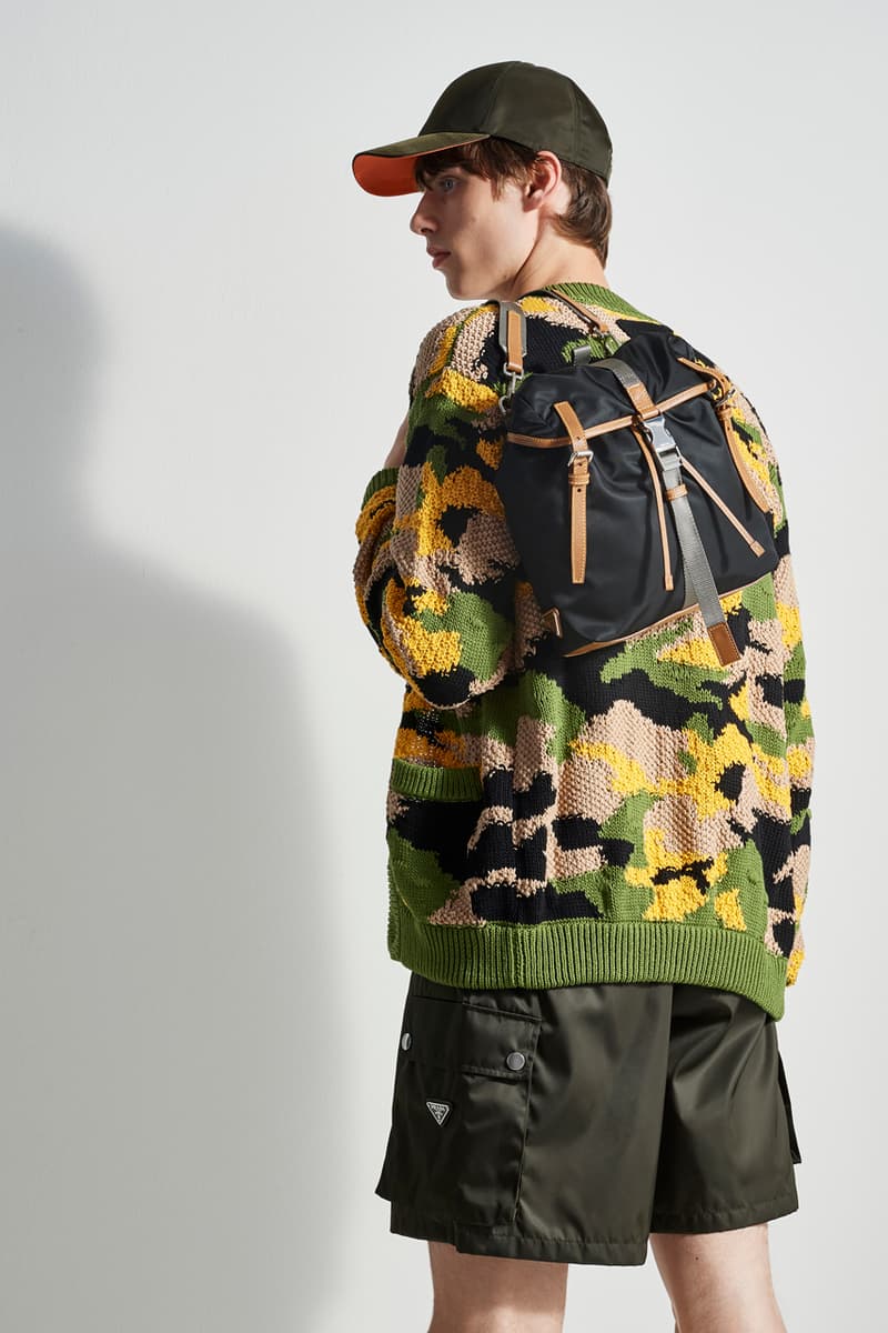 prada escape collection capsule launch fall 2019 outdoor travel gear ready to wear accessories lifestyle clothing compass gabardine nylon outerwear double match shirt camouflage pants 