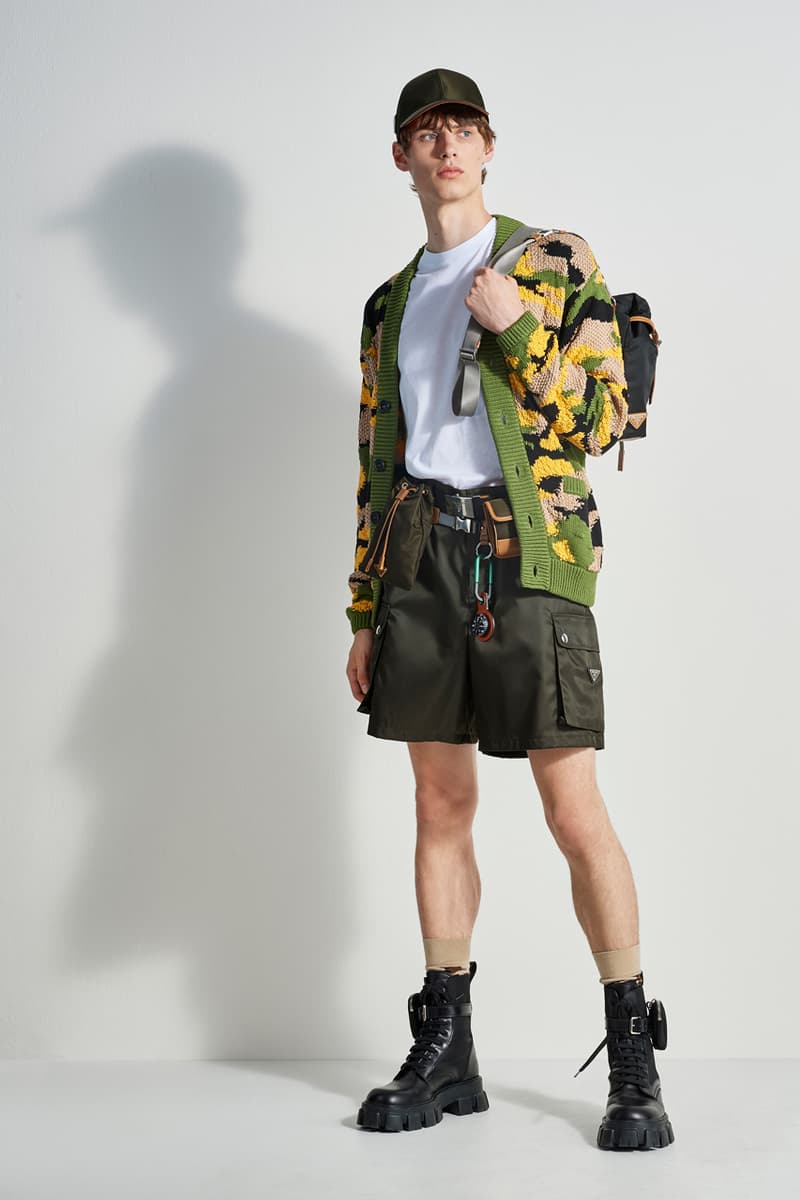 prada escape collection capsule launch fall 2019 outdoor travel gear ready to wear accessories lifestyle clothing compass gabardine nylon outerwear double match shirt camouflage pants 