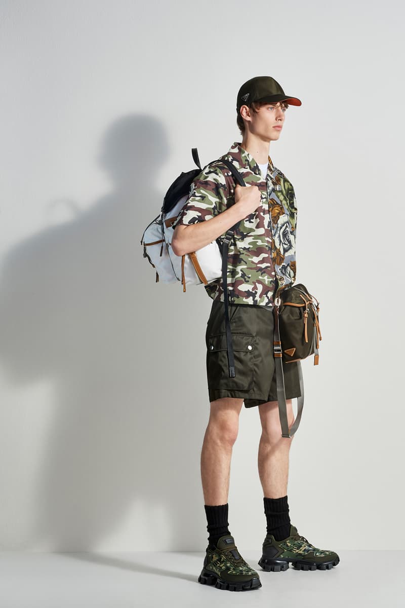 prada escape collection capsule launch fall 2019 outdoor travel gear ready to wear accessories lifestyle clothing compass gabardine nylon outerwear double match shirt camouflage pants 