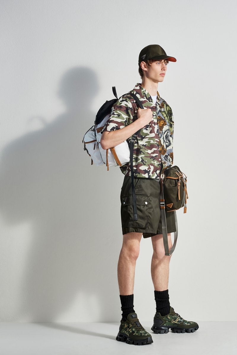 prada escape collection capsule launch fall 2019 outdoor travel gear ready to wear accessories lifestyle clothing compass gabardine nylon outerwear double match shirt camouflage pants 