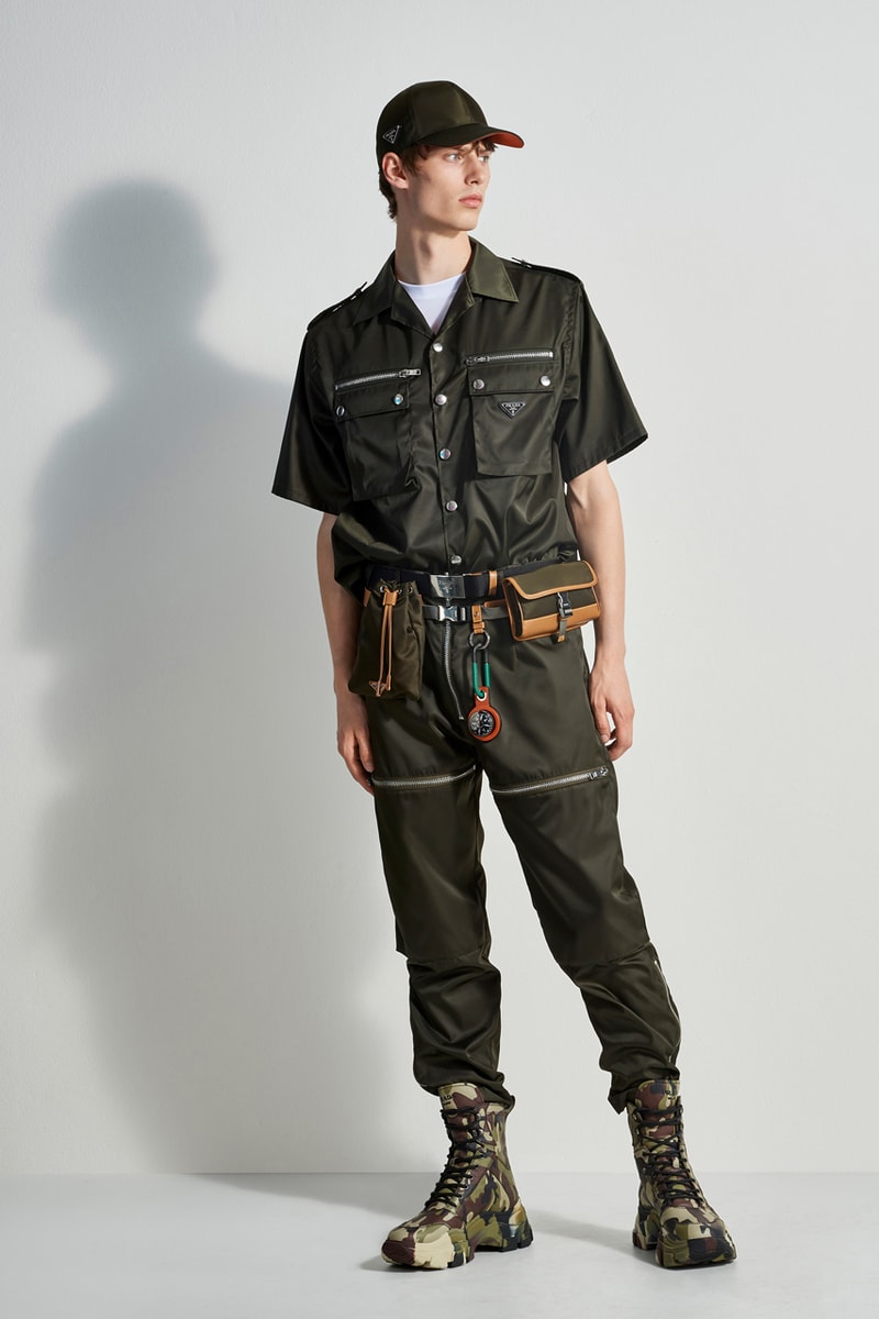 prada escape collection capsule launch fall 2019 outdoor travel gear ready to wear accessories lifestyle clothing compass gabardine nylon outerwear double match shirt camouflage pants 