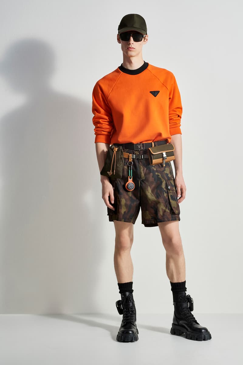 prada escape collection capsule launch fall 2019 outdoor travel gear ready to wear accessories lifestyle clothing compass gabardine nylon outerwear double match shirt camouflage pants 