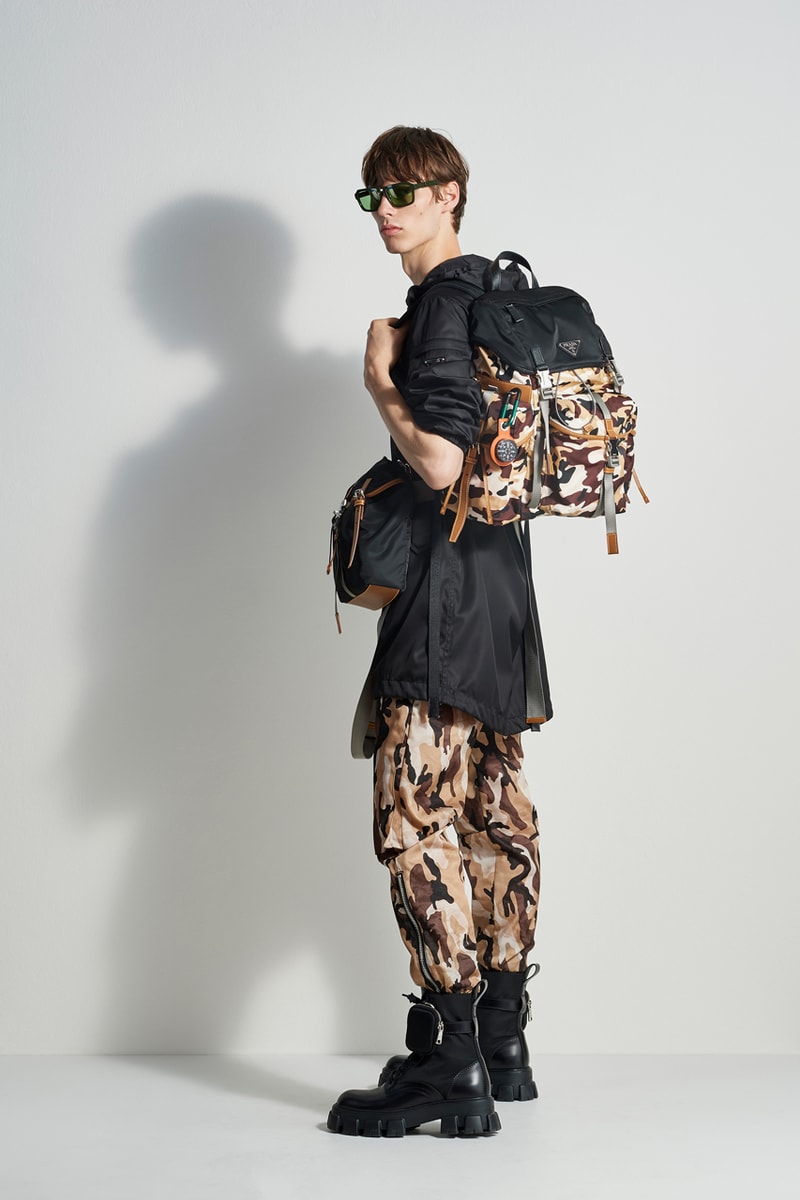 prada escape collection capsule launch fall 2019 outdoor travel gear ready to wear accessories lifestyle clothing compass gabardine nylon outerwear double match shirt camouflage pants 