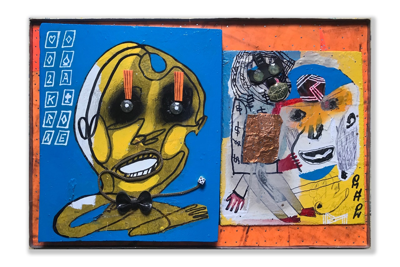 RAE "These Daze" Exhibition Info Paintings Found-Object Sculptures Plastic Wood Metal 