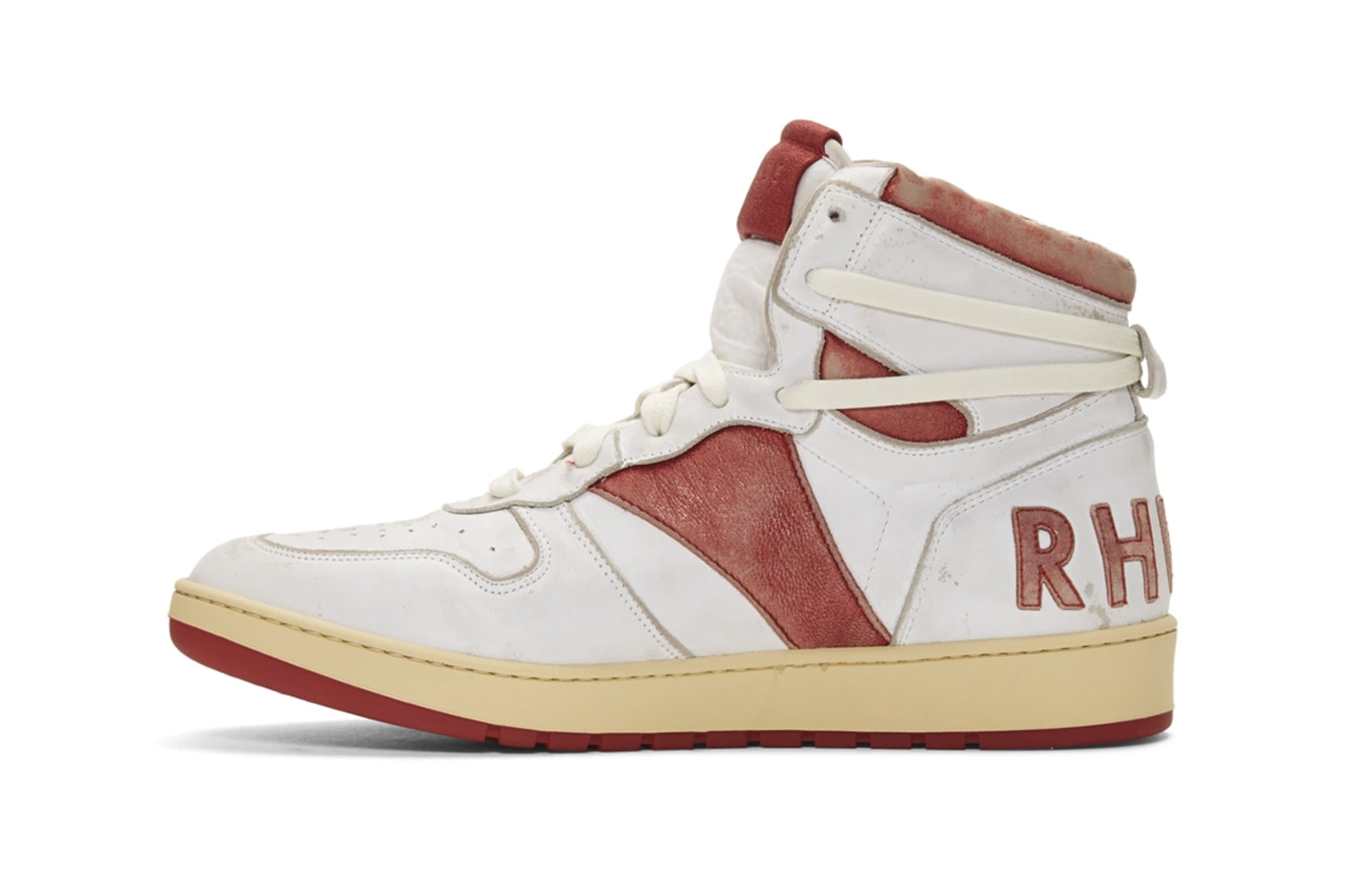 RHUDE Retro Bball-Hi Sneakers White Red Release Info Date Pricing Buy Rhuigi rhuigi villasenor Distressed