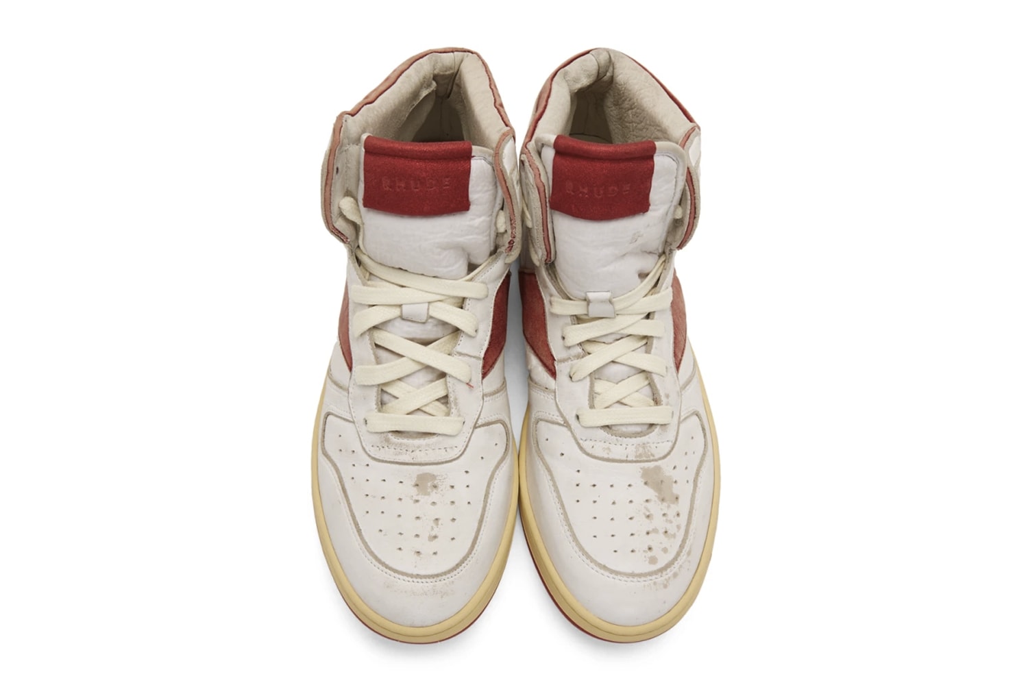 RHUDE Retro Bball-Hi Sneakers White Red Release Info Date Pricing Buy Rhuigi rhuigi villasenor Distressed