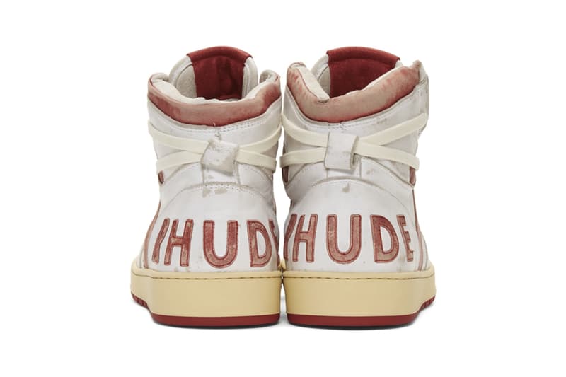 RHUDE Retro Bball-Hi Sneakers White Red Release Info Date Pricing Buy Rhuigi rhuigi villasenor Distressed