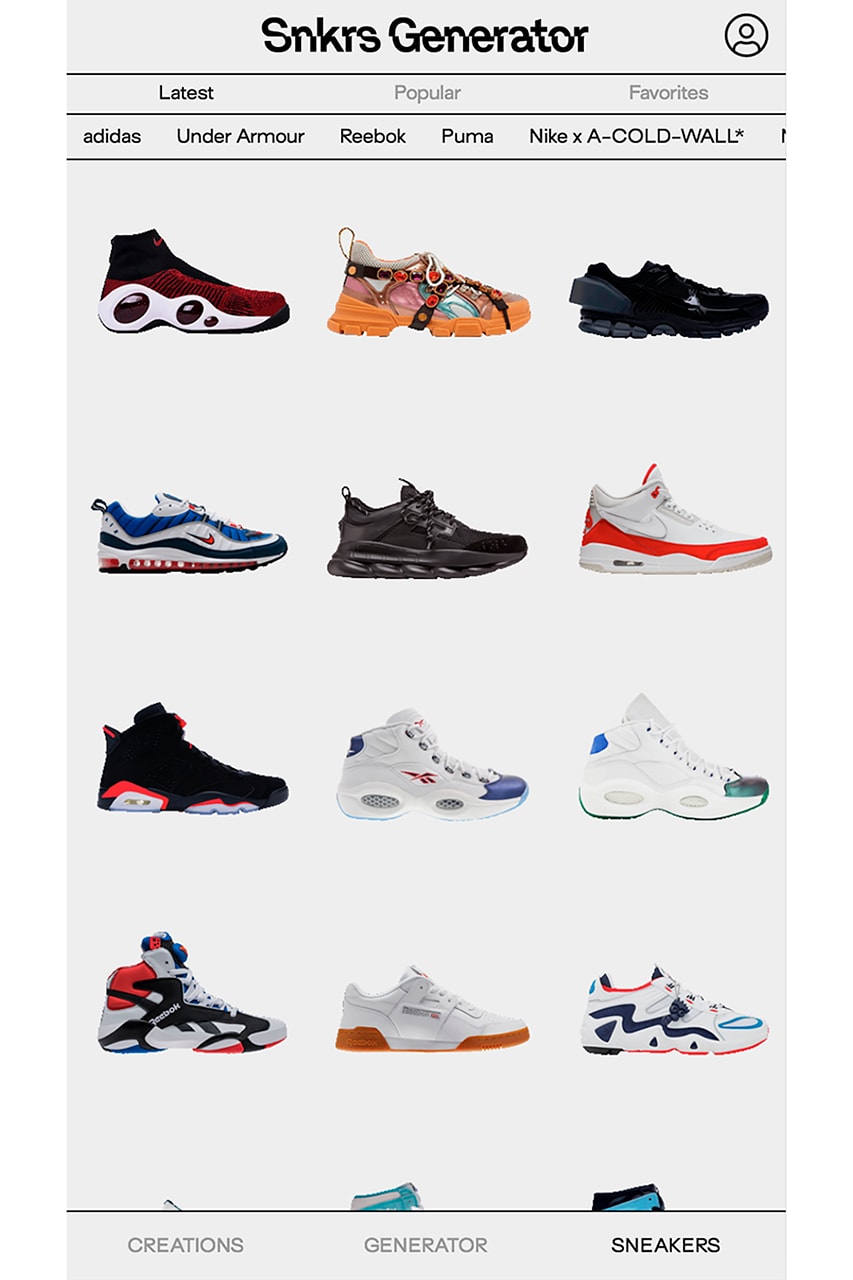 Sneakers Generator App Custom Silhouettes Info nike adidas off-white jordan gucci customization material color accessories design details nss factory deconstruction digital technology