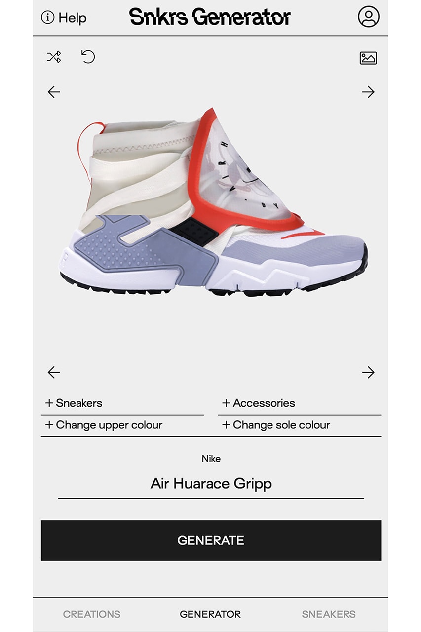 Sneakers Generator App Custom Silhouettes Info nike adidas off-white jordan gucci customization material color accessories design details nss factory deconstruction digital technology